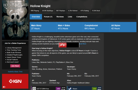 你拖后腿了吗?数据统计《空洞骑士》只做主线最快27小时通关!