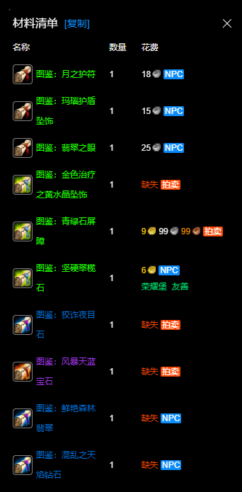 魔兽世界wlk珠宝1 450升级材料需要什么