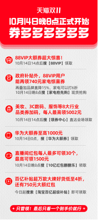 88VIP大额券有惊喜,下午2点揭晓!天猫双11今晚8点开启