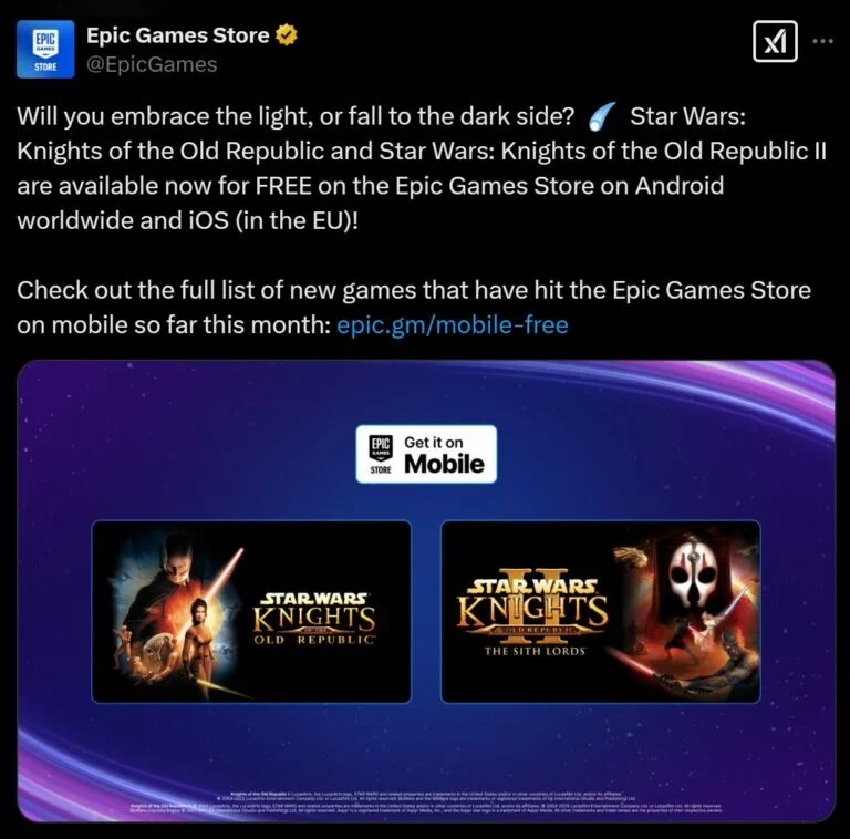 星球大战：旧共和国武士系列登陆Epic移动端，限时免费领取