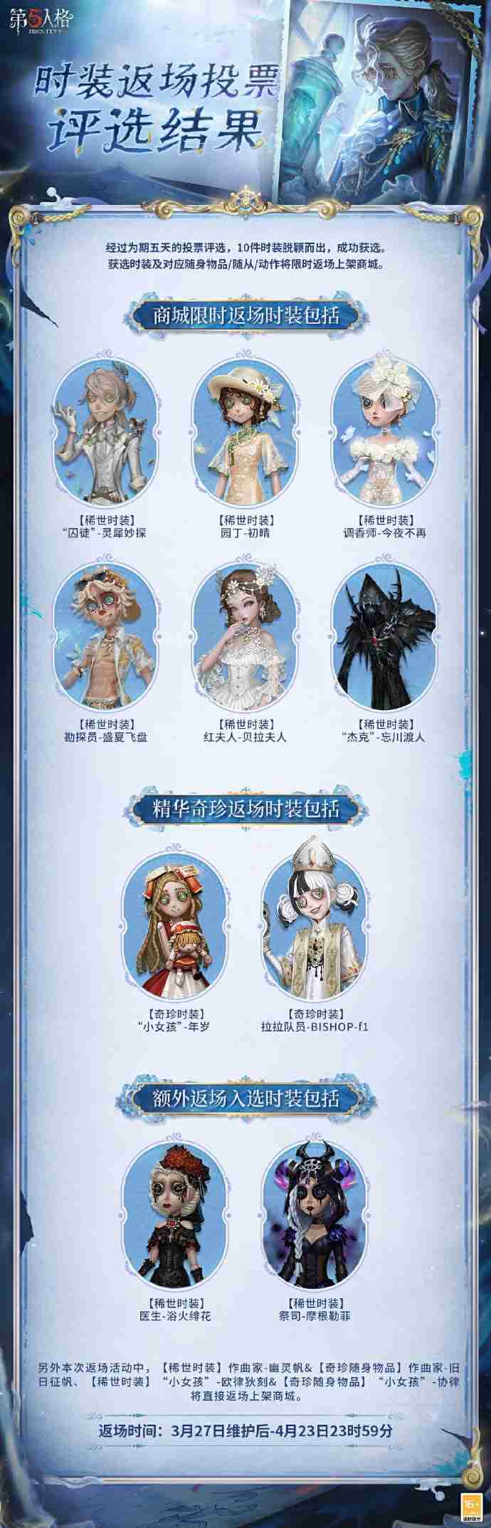 第五人格皮肤返场投票结果3月-第五人格返场皮肤有哪些