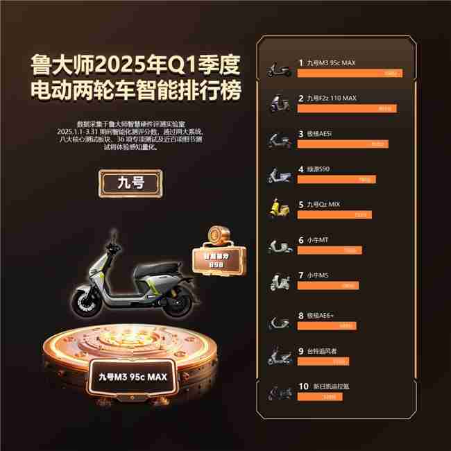 鲁大师2025年Q1季度电动车智能排行:九号领跑高端市场,极核、绿源智能化突围