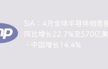 SIA：4月全球半导体销售额同比增长22.7%至570亿美元，中国增长14.4%