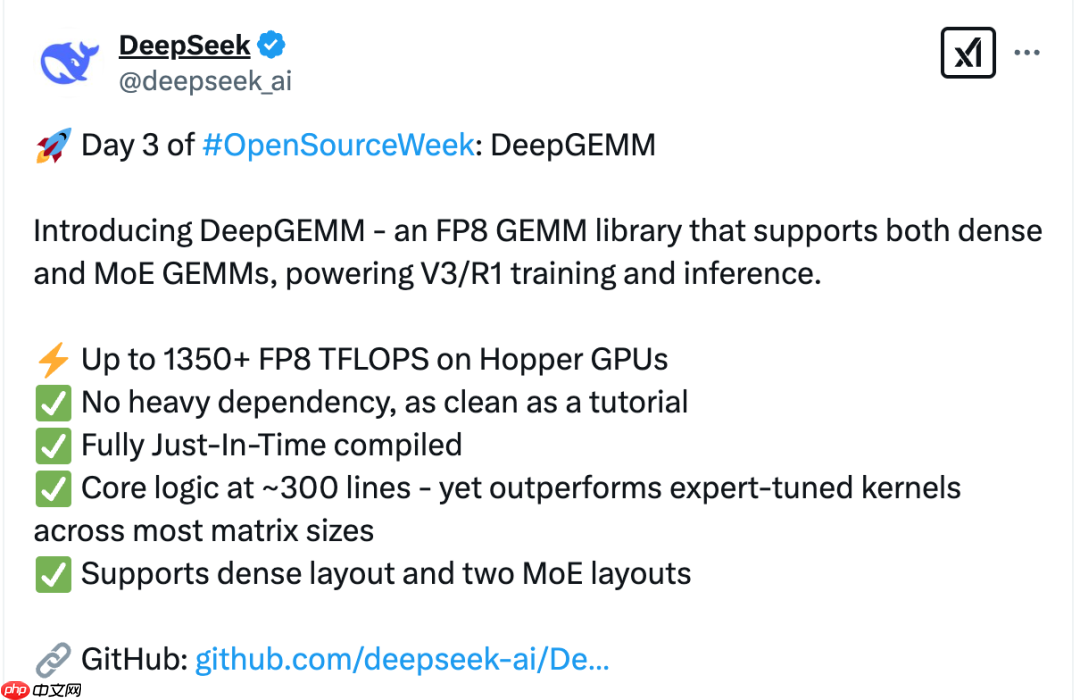 DeepSeek 开源周第三弹:DeepGEMM —— 高效的 FP8 GEMM 库,核心代码仅 300 行!