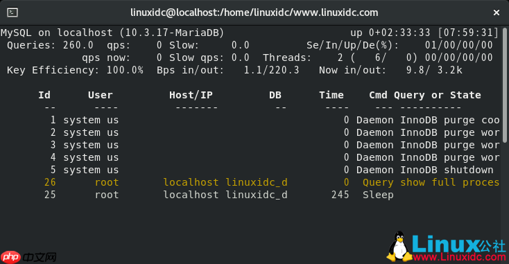 使用mytop命令行监视工具监视MySQL数据库
