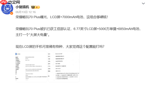 荣耀畅玩70 Plus被曝近期发布 搭载7000mAh大电池