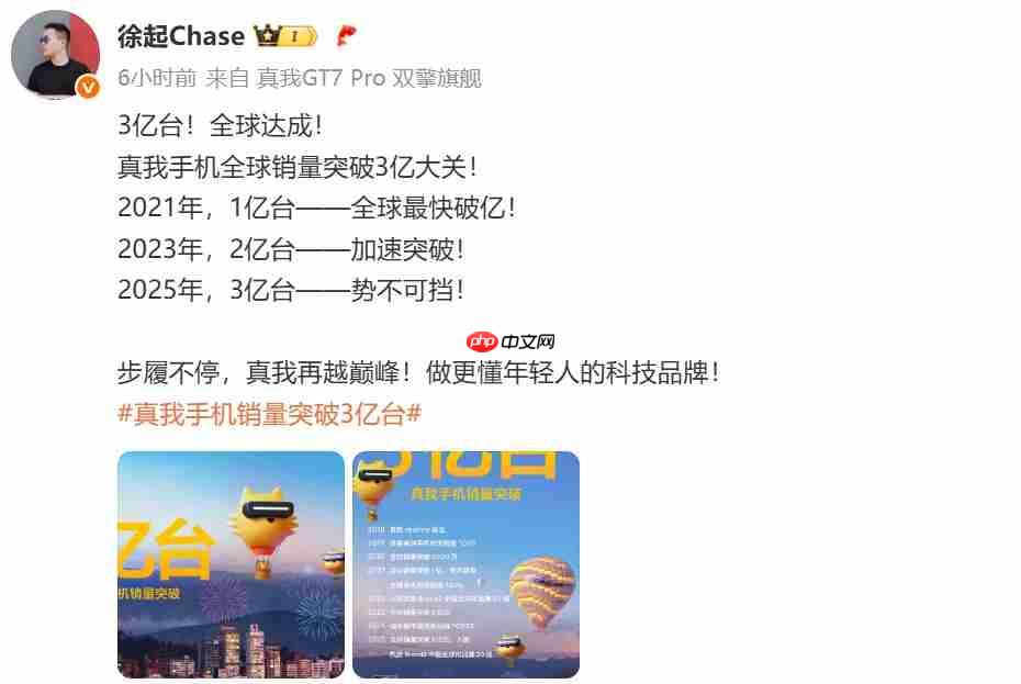 真我realme手机全球累计出货量突破3亿台,7年实现跨越式增长