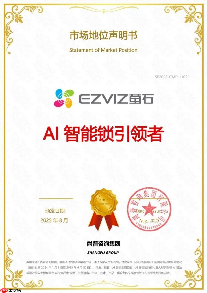 萤石网络获市场地位权威认证:AI智能锁引领者