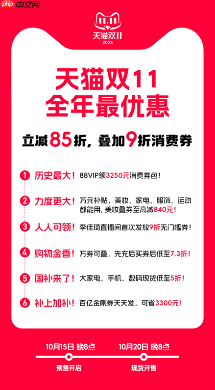 立减85折叠加9折消费券全年最优惠，天猫双11今晚8点开启