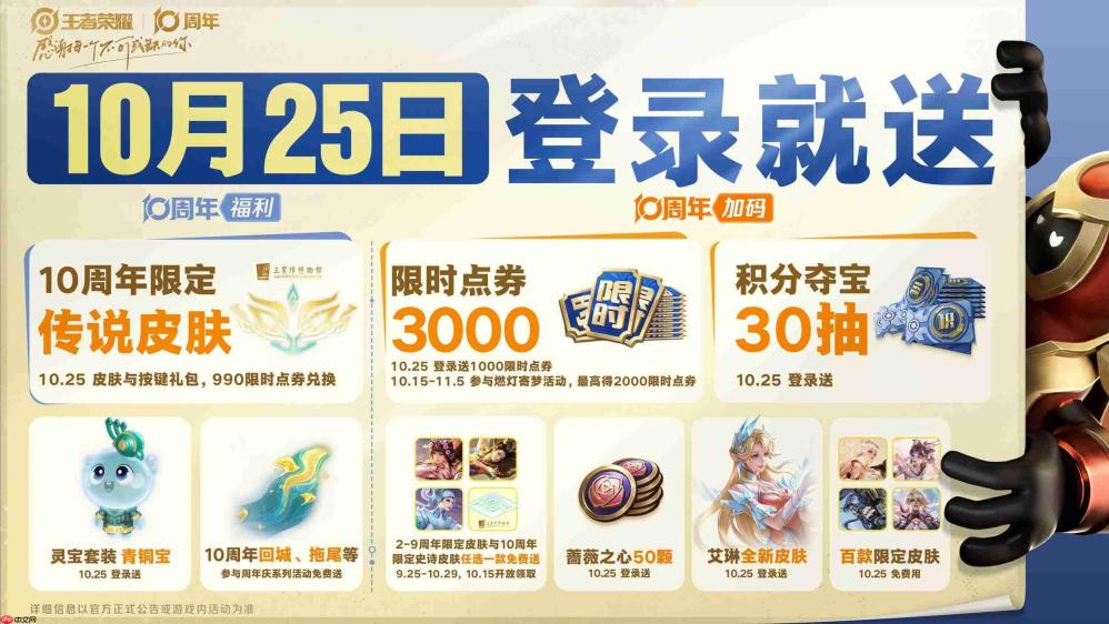 王者荣耀十周年福利大全-王者荣耀十周年点券皮肤免费送