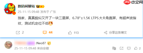 曝真我开案一款1.5K LTPS三星直屏 或由Neo8搭载?