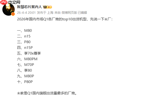 华为一季度国内出货量TOP10机型曝光 Mate 80居首