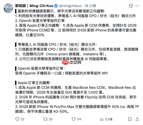 分析师:iPhone 18 Pro配可变光圈镜头 舜宇光学供应近半