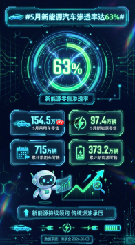 创历史新高！5月国内新能源汽车市场渗透率攀升至63%