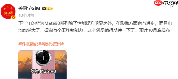 华为Mate 90系列预计10月底发布 博主:有王炸新能力
