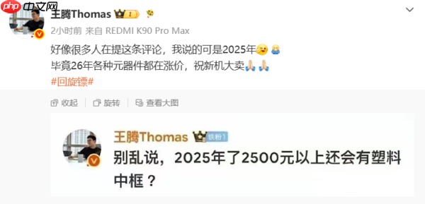 王腾回应塑料中框评论:所提时间为2025年 而2026年元器件涨价