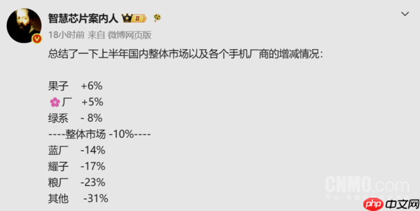上半年国内手机市场仅华为和苹果增长 整体下滑10%