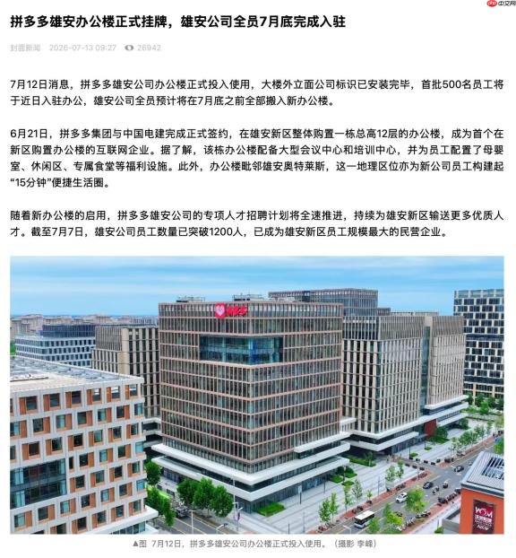 拼多多雄安办公楼挂牌 未来一年将提供5000个工作岗位