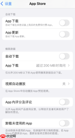 iPhone 设置里的 App Store 页面，显示 App 下载和 App 更新自动下载开关