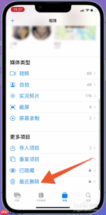 iPhone 照片相簿页面中最近删除入口被箭头标出,证明需要先进入最近删除相簿