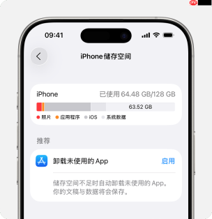 iPhone 储存空间页面显示系统数据分类和卸载未使用的App建议,证明应先查看容量条并可点启用