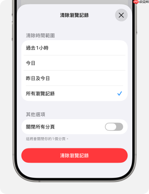 iPhone Safari 清除浏览记录确认页显示所有浏览记录选项和红色清除浏览记录按钮