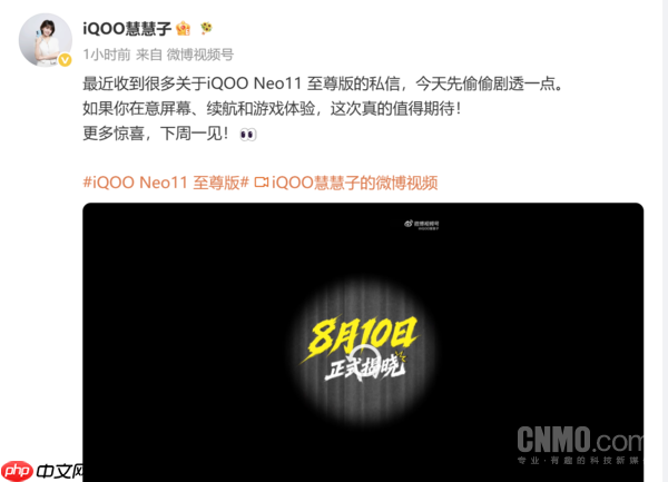 iQOO Neo11 至尊版官宣下周一见 配2K屏与9K+电池