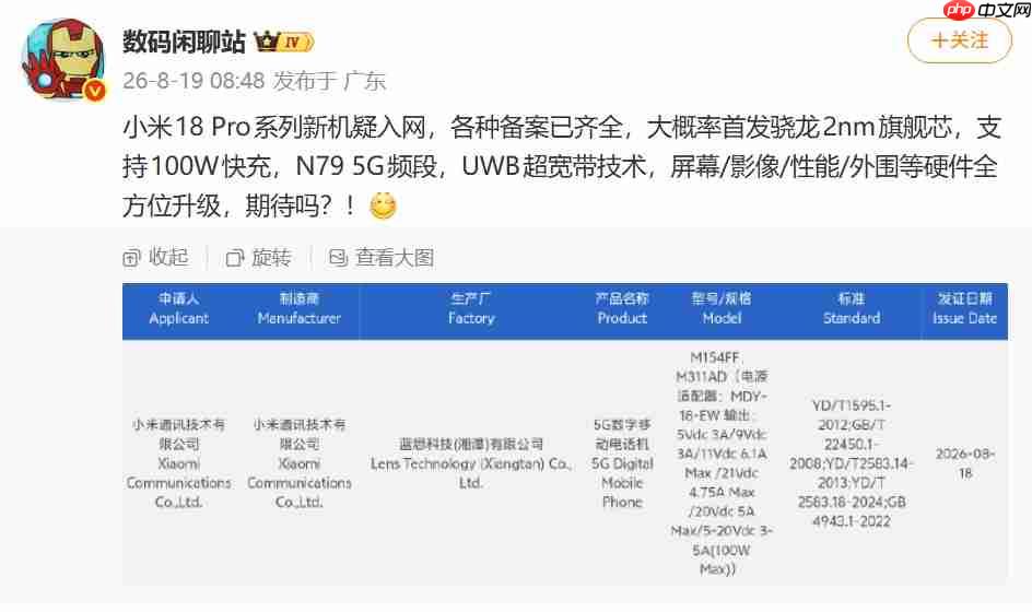 小米18 Pro系列疑过3C认证:100W快充+UWB,2nm旗舰配置浮出水面