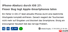 iOS 27曝出冻结Bug 特定手势可致iPhone触屏失灵