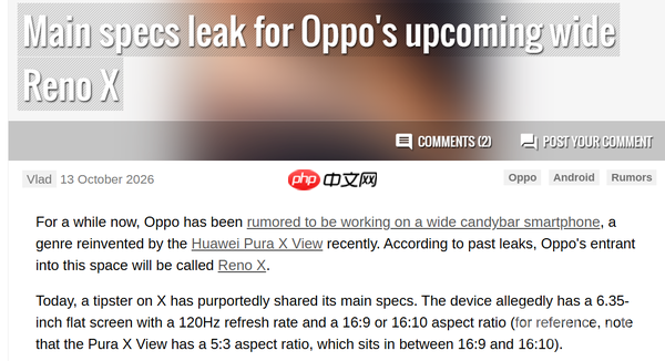 OPPO Reno X阔直板手机曝光：配备两亿像素双摄
