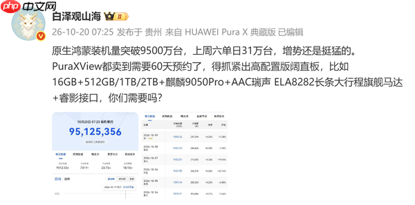 原生鸿蒙装机量突破9500万台 距1亿关口不足500万