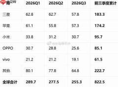 2026年前三季度全球手机出货量排名:三星三连冠