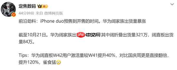 华为“阔家族”出货量达405万台 阔直板单周激活量增四成