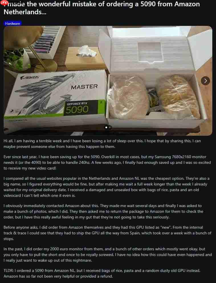 玩家网购RTX 5090被骗：开箱变两袋大米、一袋意面！