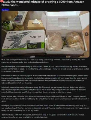 玩家网购RTX 5090被骗：开箱变两袋大米、一袋意面！