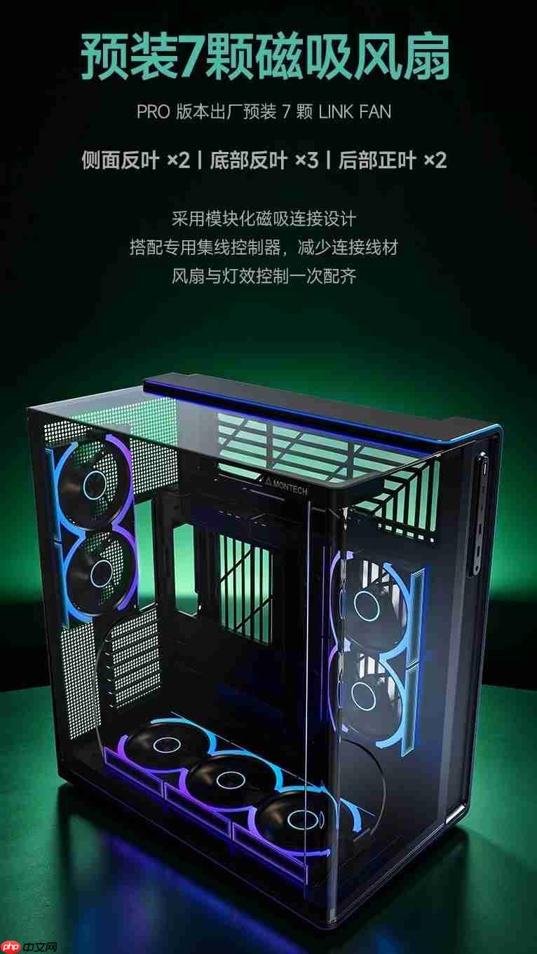 蒙泰克KING953D曲面全视版海景房机箱:三面全景视界,预装7颗LINK磁吸风扇