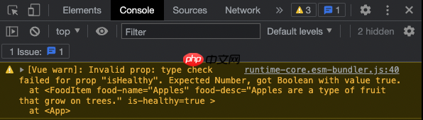 Screenshot of wrong data type prop warning