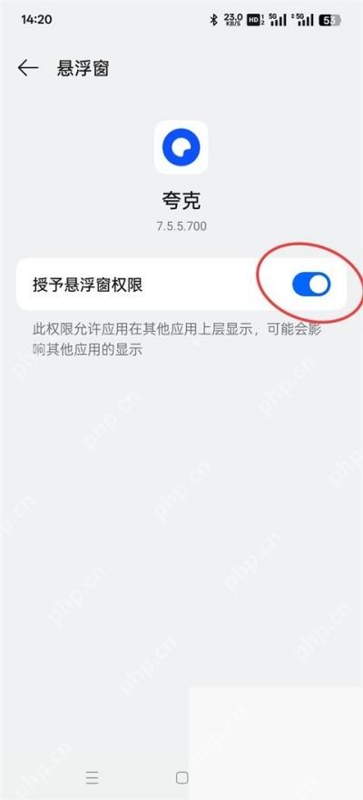 手机系统悬浮窗权限页中的夸克开关
