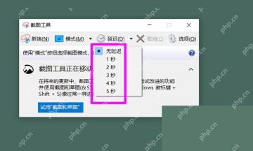 Windows10 截图工具延迟下拉菜单包含无延迟和 1 到 5 秒