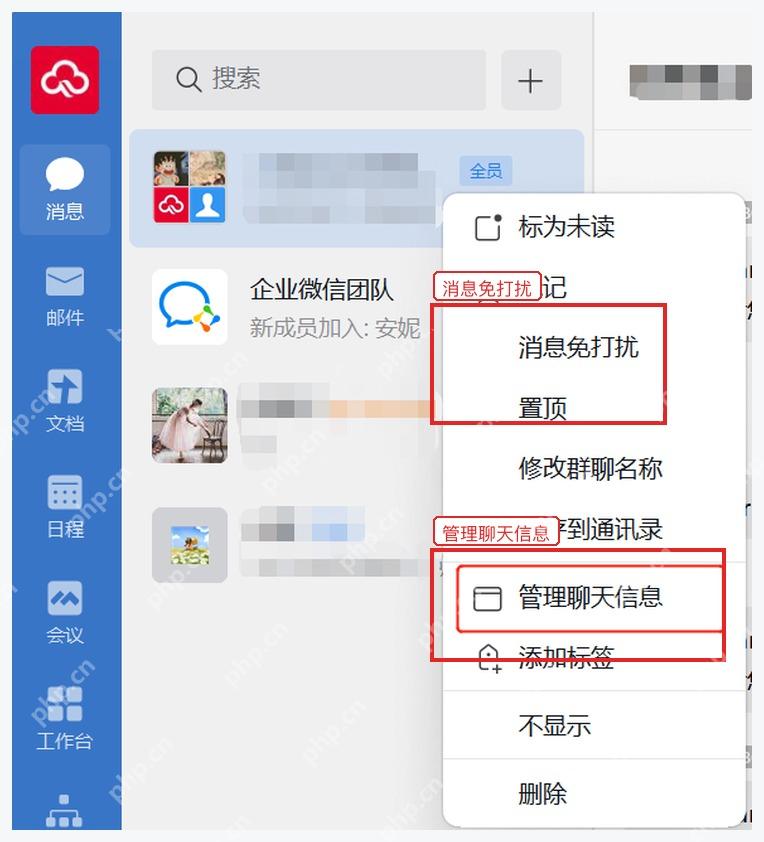 企业微信电脑端群聊右键菜单中的消息免打扰和管理聊天信息