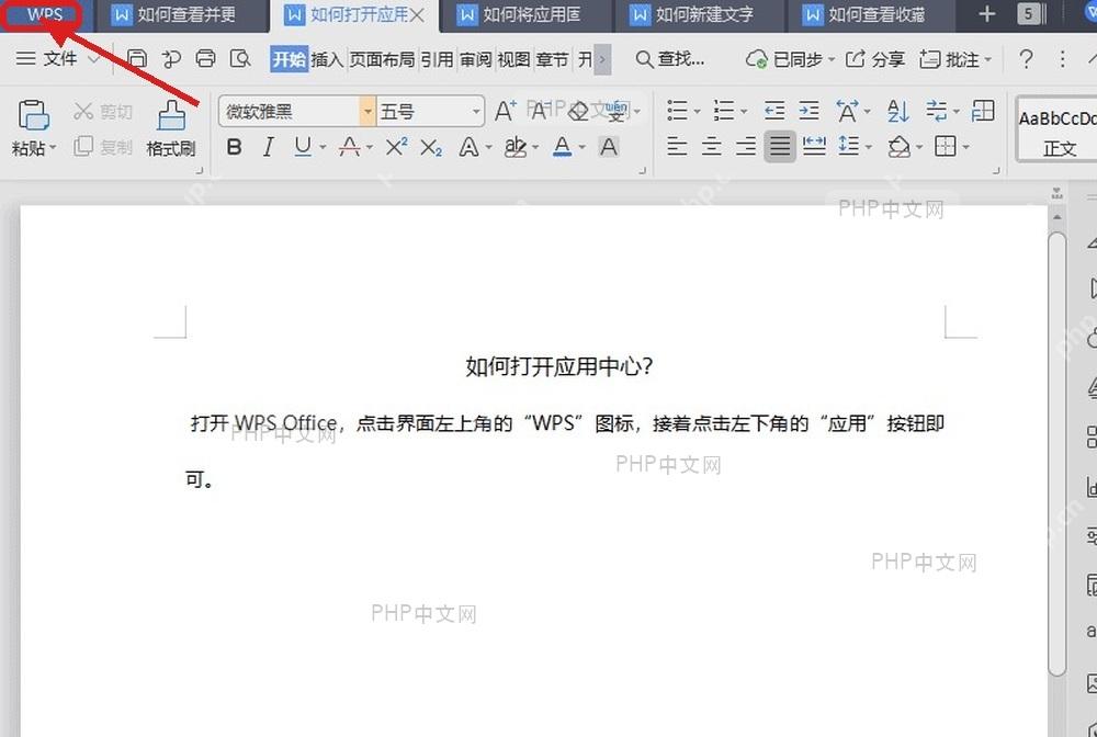 WPS文档编辑界面左上角WPS标签被红框标出