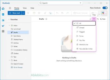 Outlook 邮件列表筛选菜单显示 All、Unread、Flagged 等条件