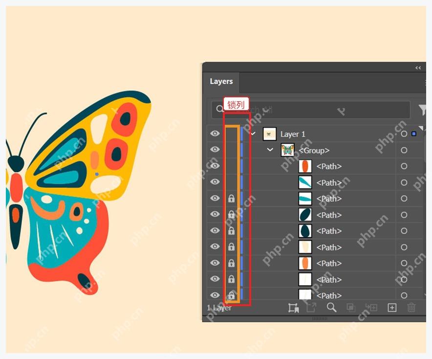 Illustrator 图层面板中拖过锁定列批量锁定图层