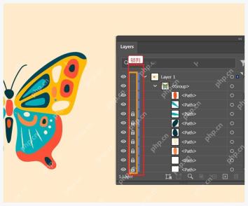 Illustrator 图层面板中拖过锁定列批量锁定图层