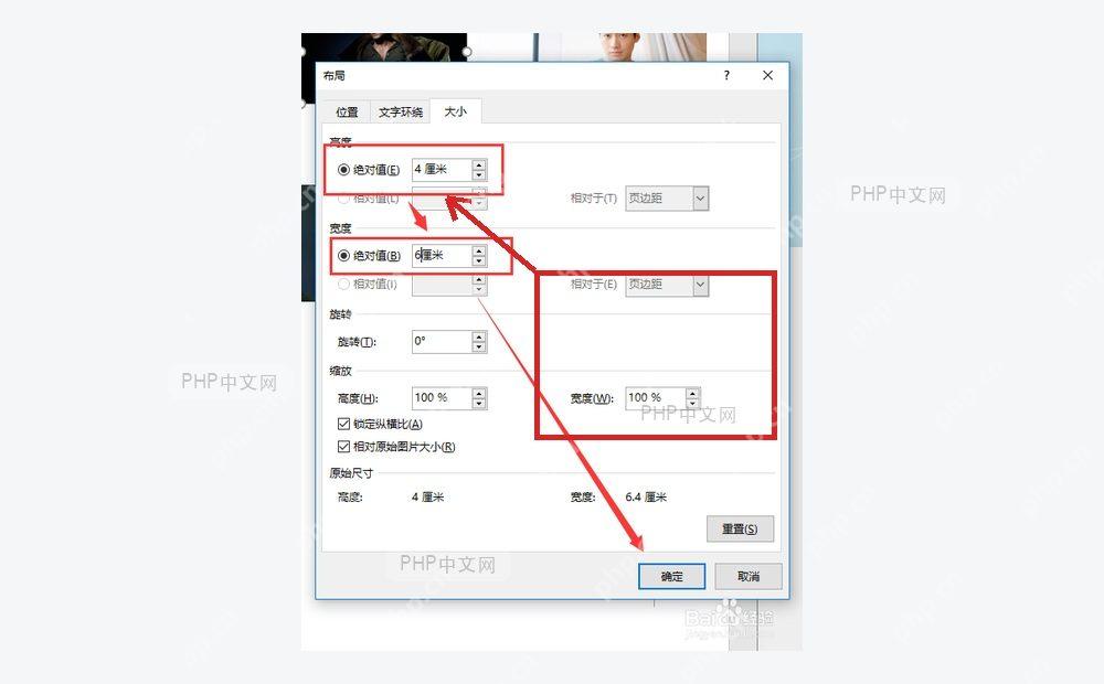 Word 大小和位置窗口中的高度宽度与锁定纵横比选项,服务于输入准确尺寸步骤