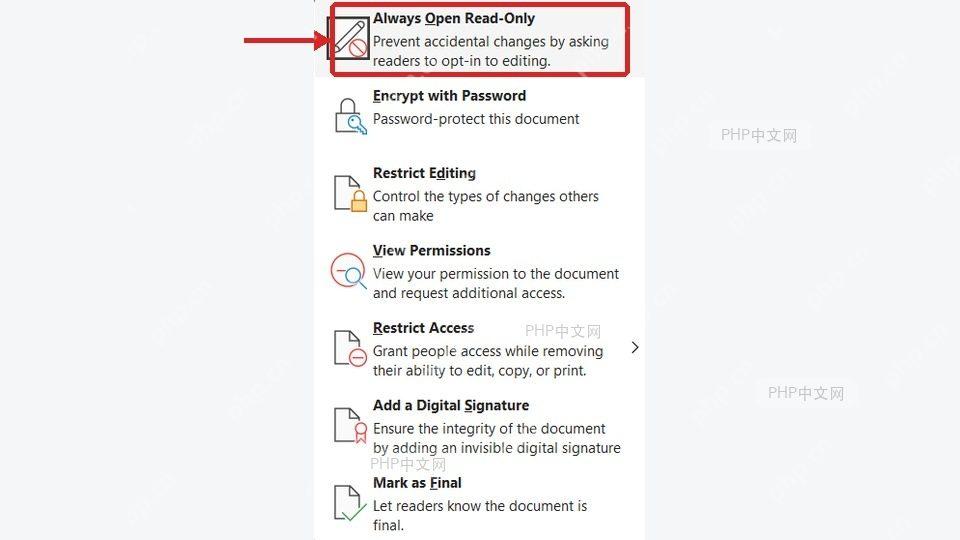 Word 保护文档菜单中的 Always Open Read-Only 选项,用于取消始终只读打开