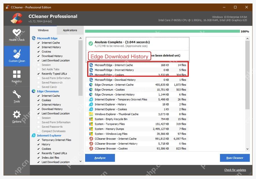 CCleaner Windows 电脑端分析结果中的 Microsoft Edge Download History