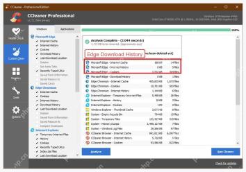 CCleaner Windows 电脑端分析结果中的 Microsoft Edge Download History