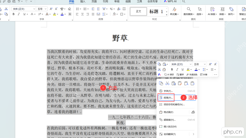 WPS文字中选中需要设置首行缩进的正文段落