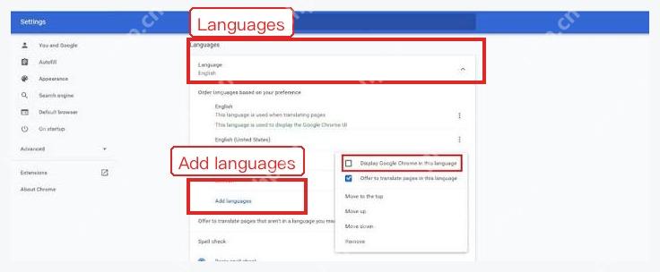 Chrome 设置页中的 Languages 语言设置区域
